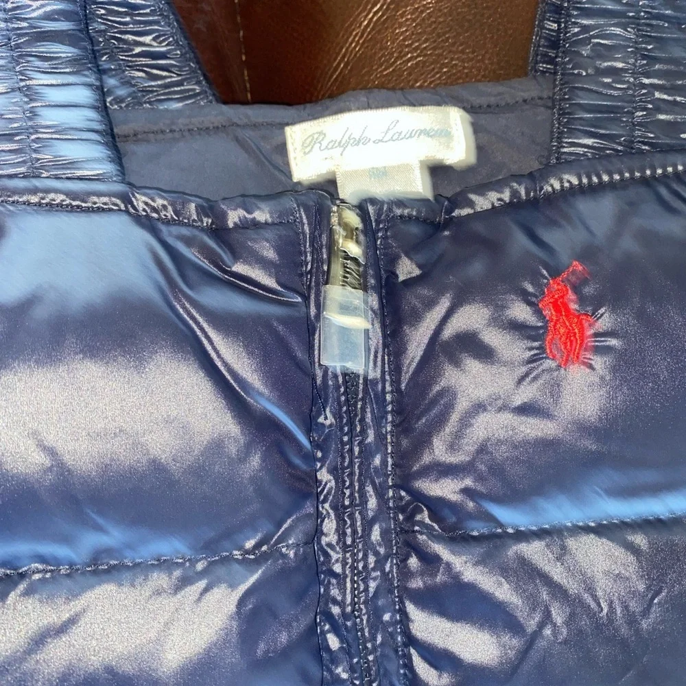 Ralph Lauren Baby 6mo Down Navy Blue Quilted Puffer Red Logo Bib Overall Kids